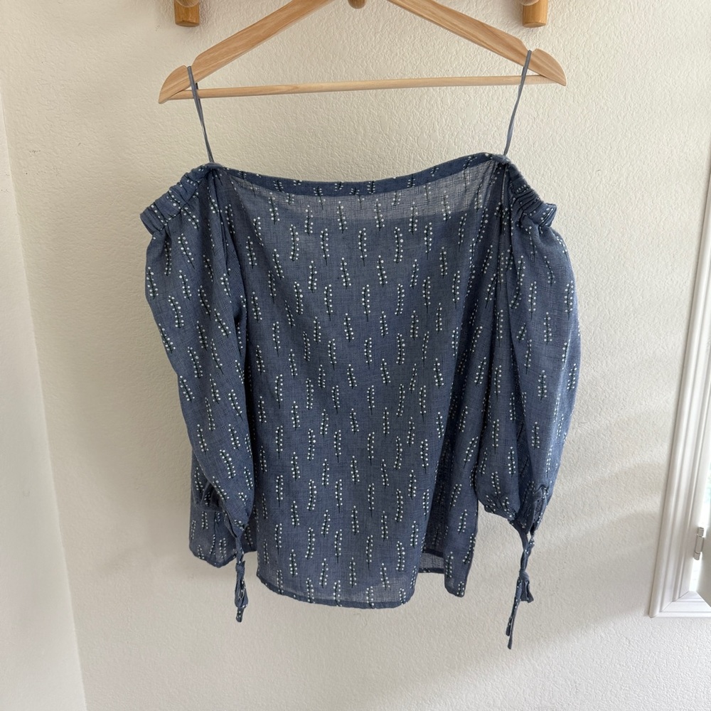 NWT CLARTE Blue and white Simone  off the shoulder top blouse tie sleeves boho